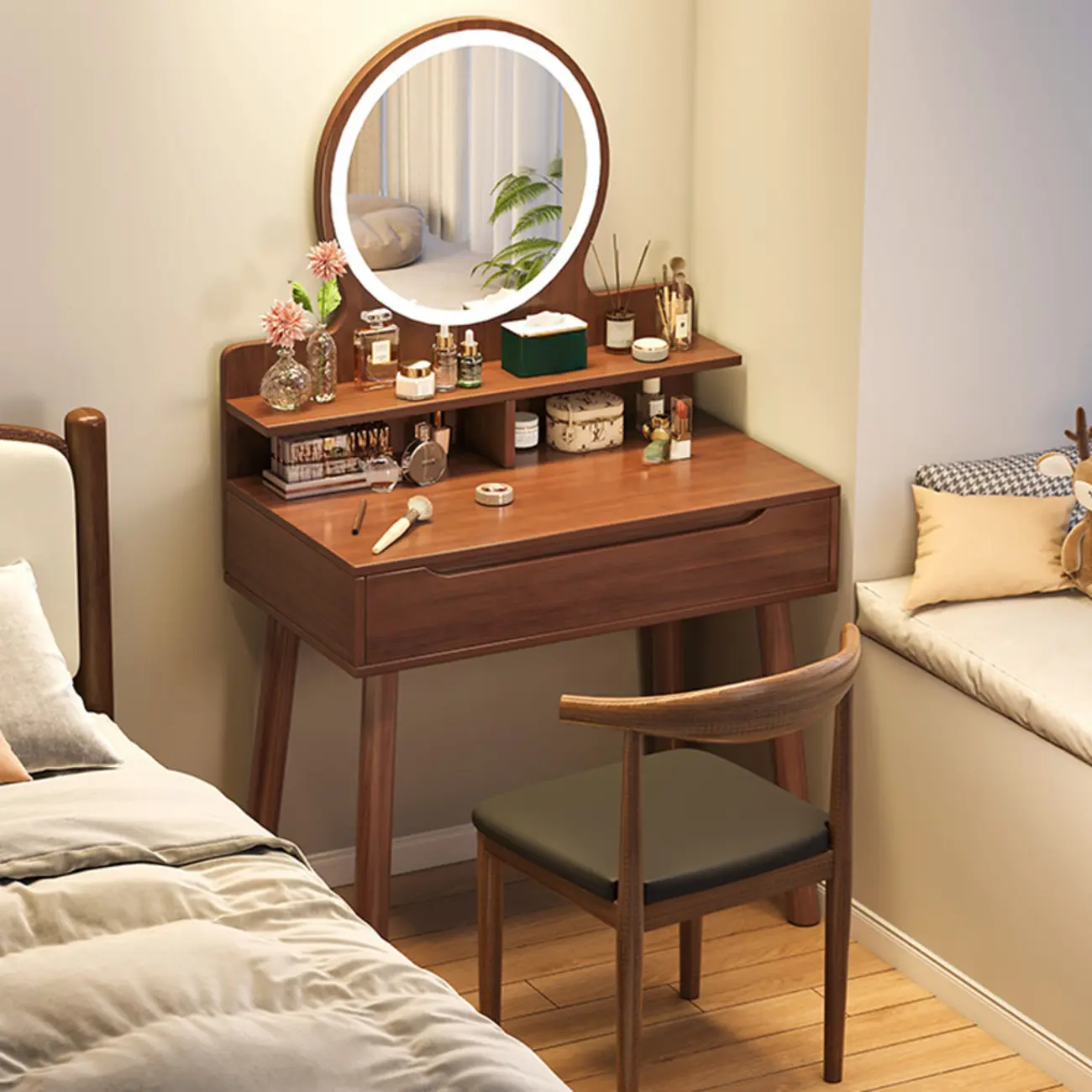Nut-Brown MDF Wood Drawer Makeup Vanity Set with Light Image - 2 | homeyfad