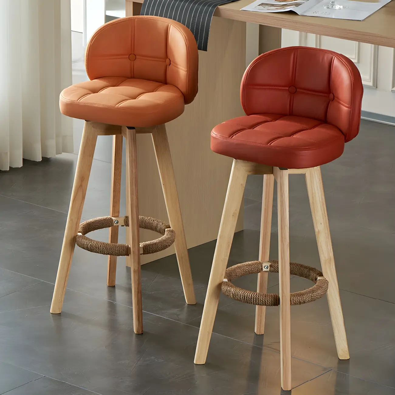 Rectangle Wooden Leather Rotatable Bar Stools with Back Image - 2 | homeyfad