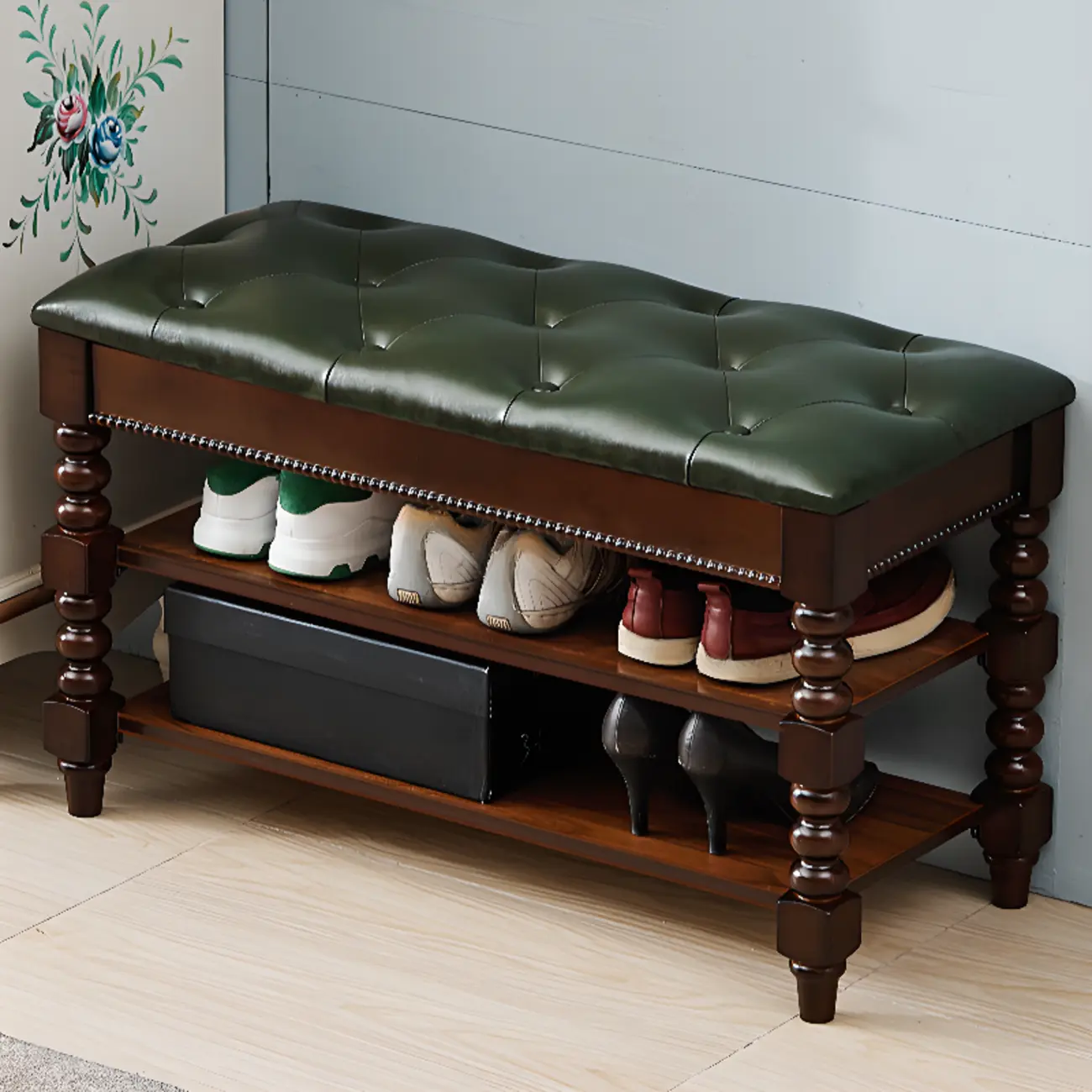 Antique Genuine Leather Flip-up Wood Bench with 2 Shelves Image - 1 | homeyfad