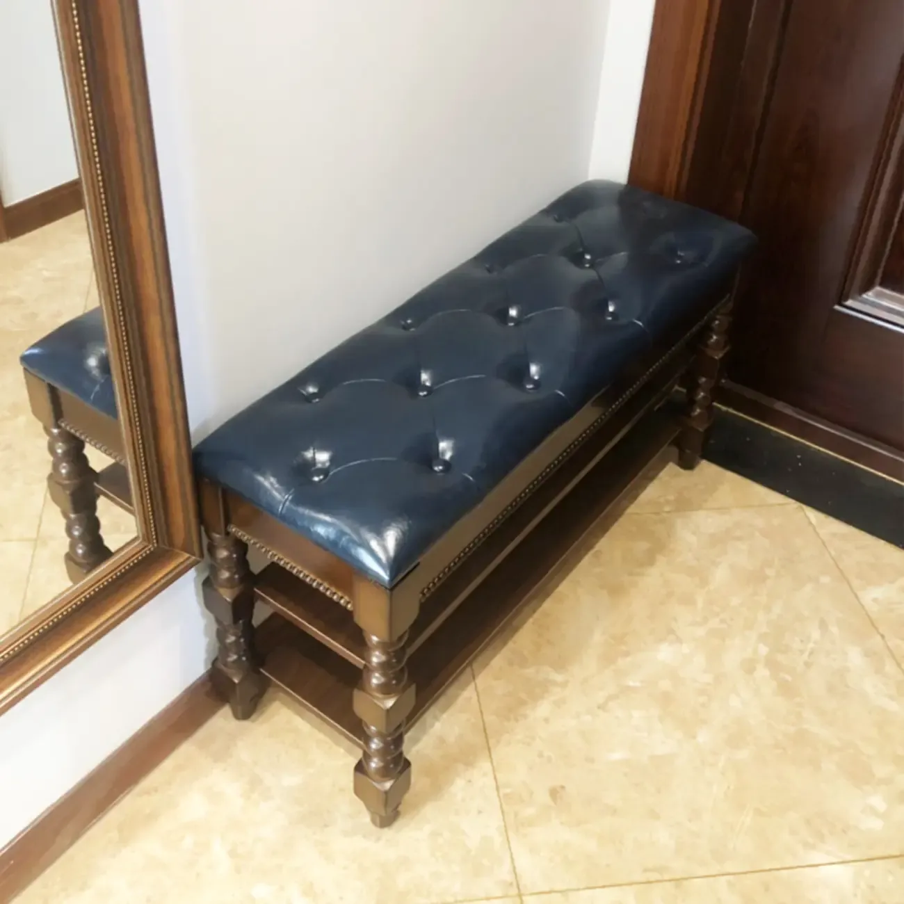 Antique Genuine Leather Flip-up Wood Bench with 2 Shelves Image - 5