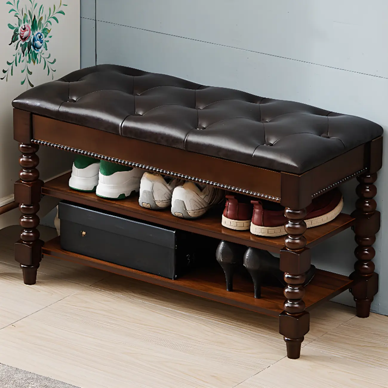 Antique Genuine Leather Flip-up Wood Bench with 2 Shelves Image - 2 | homeyfad