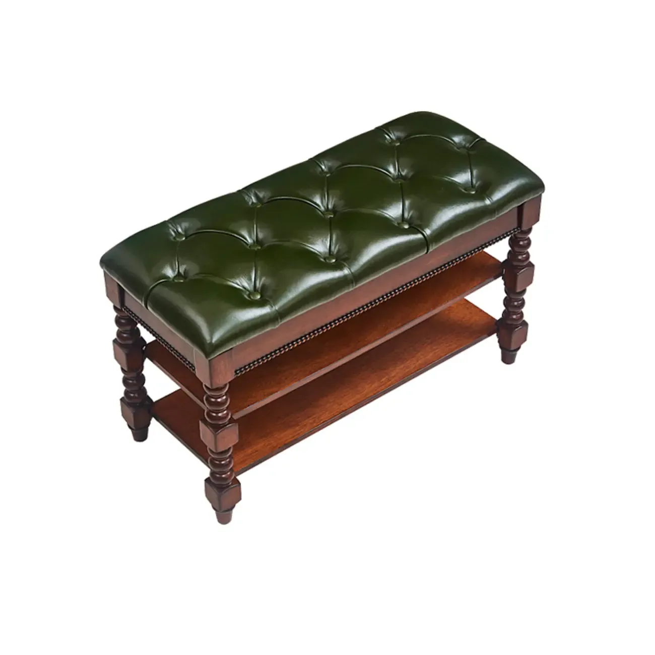 Antique Genuine Leather Flip-up Wood Bench with 2 Shelves Image - 9