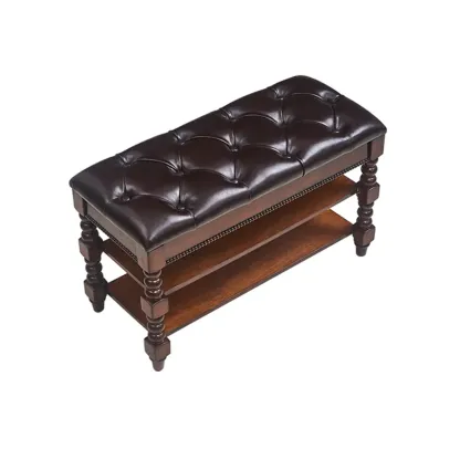 Antique Genuine Leather Flip-up Wood Bench with 2 Shelves Image - 8