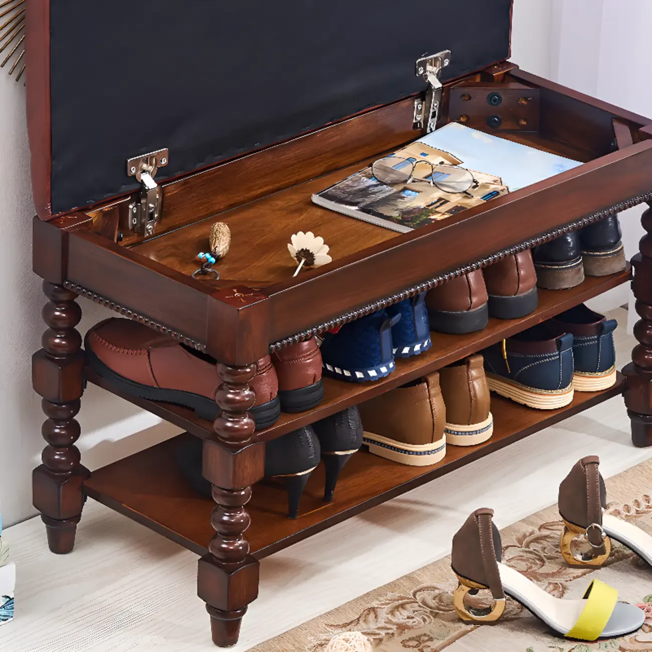 Antique Genuine Leather Flip-up Wood Bench with 2 Shelves Image - 4