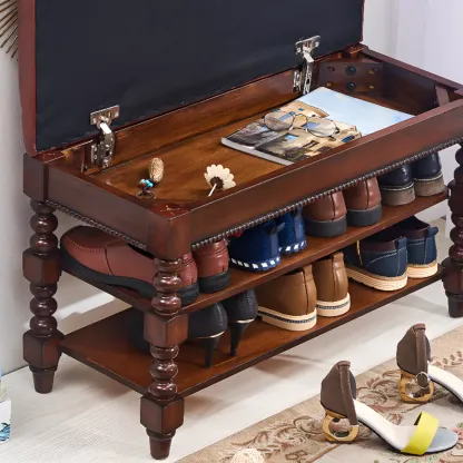 Antique Genuine Leather Flip-up Wood Bench with 2 Shelves Image - 4