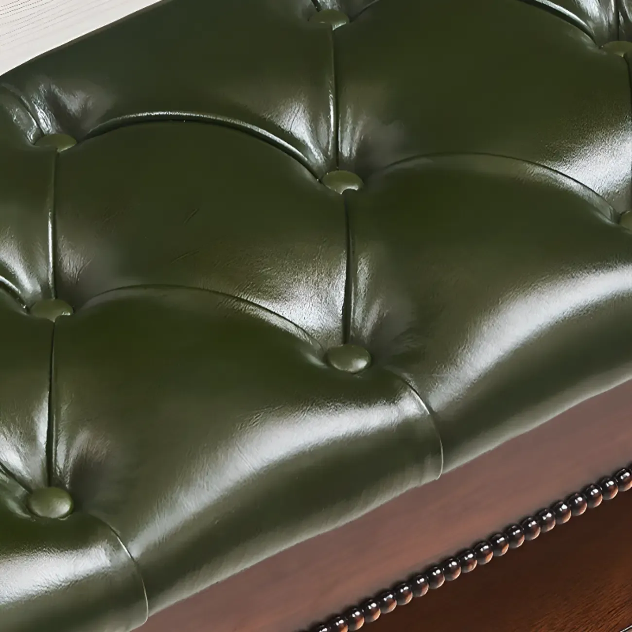 Antique Genuine Leather Flip-up Wood Bench with 2 Shelves Image - 6