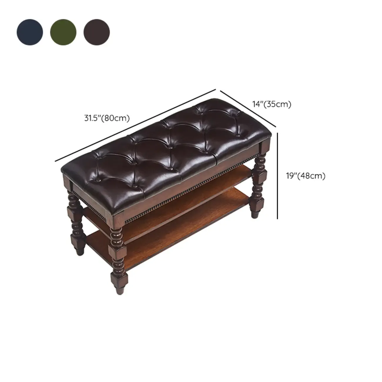 Antique Genuine Leather Flip-up Wood Bench with 2 Shelves Image - 12