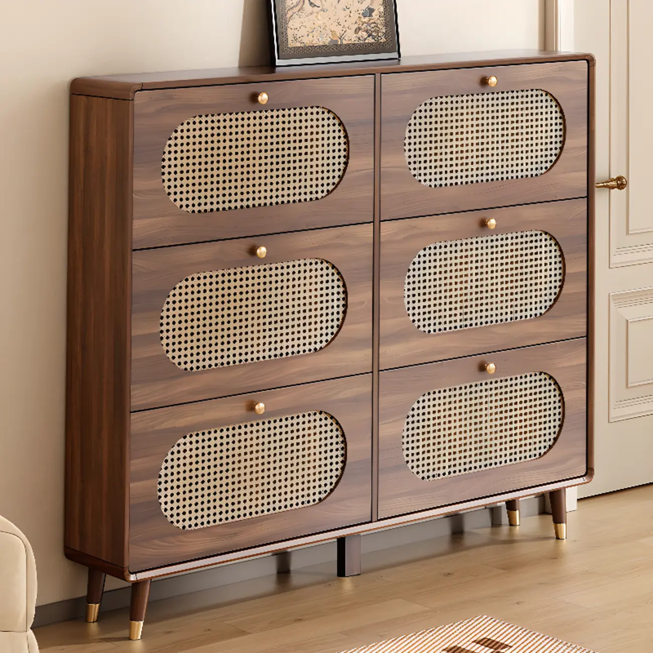 Bohemian Slim Brown Drop-Front Wood Shoe Cabinet Image - 1 | homeyfad