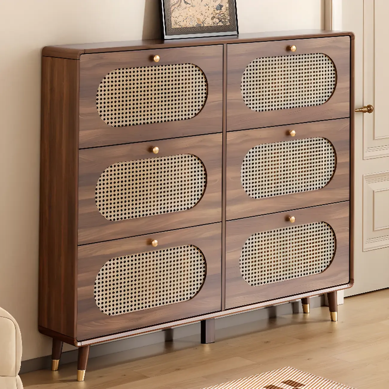 Bohemian Slim Brown Drop-Front Wood Shoe Cabinet Image - 1