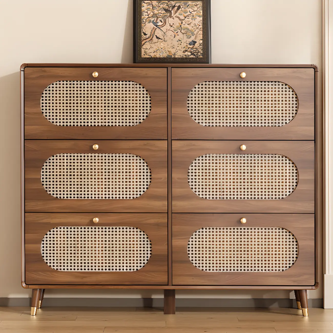 Bohemian Slim Brown Drop-Front Wood Shoe Cabinet Image - 3 | homeyfad