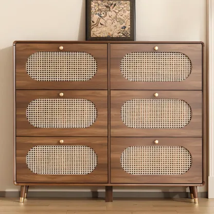 Bohemian Slim Brown Drop-Front Wood Shoe Cabinet Image - 3