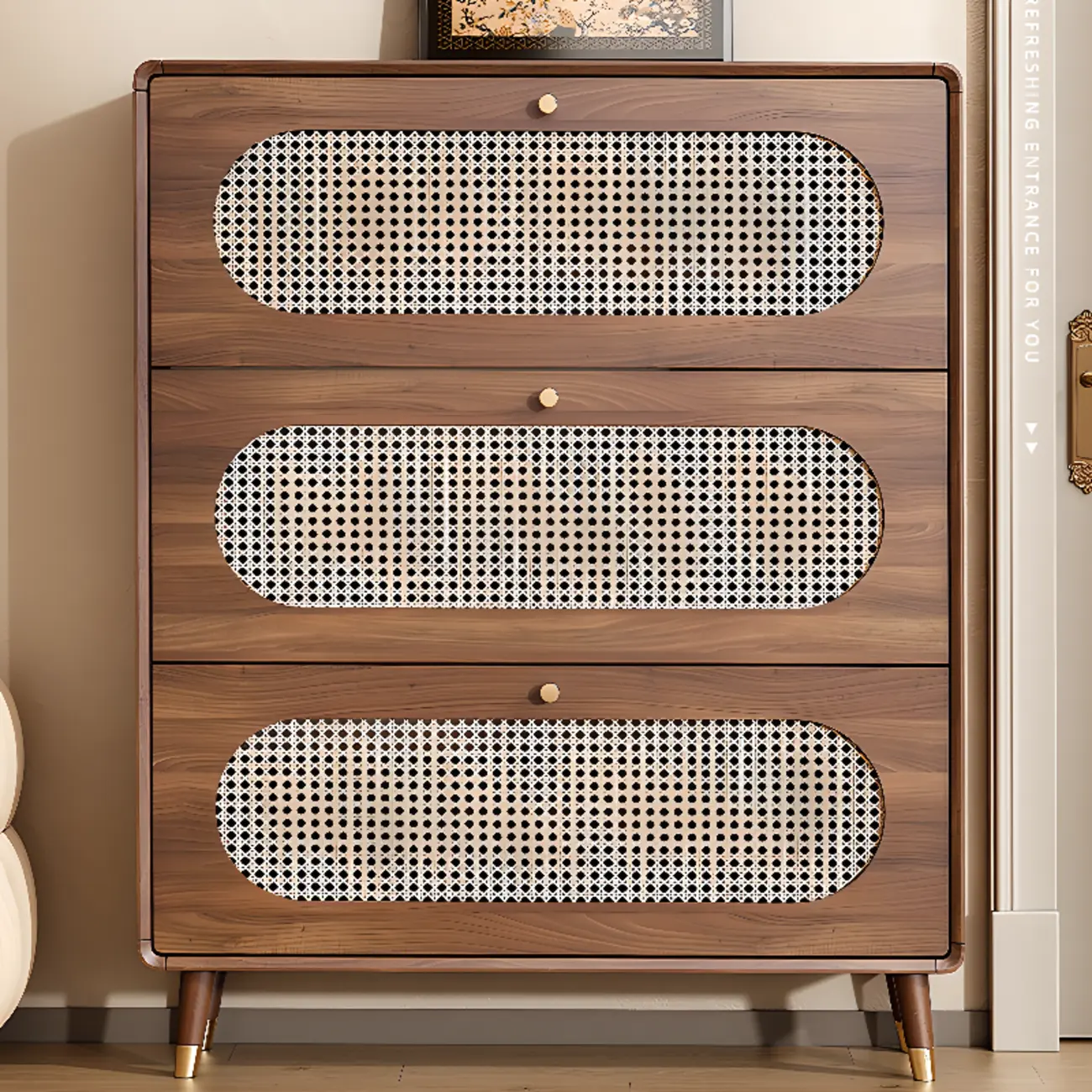 Bohemian Slim Brown Drop-Front Wood Shoe Cabinet Image - 4 | homeyfad