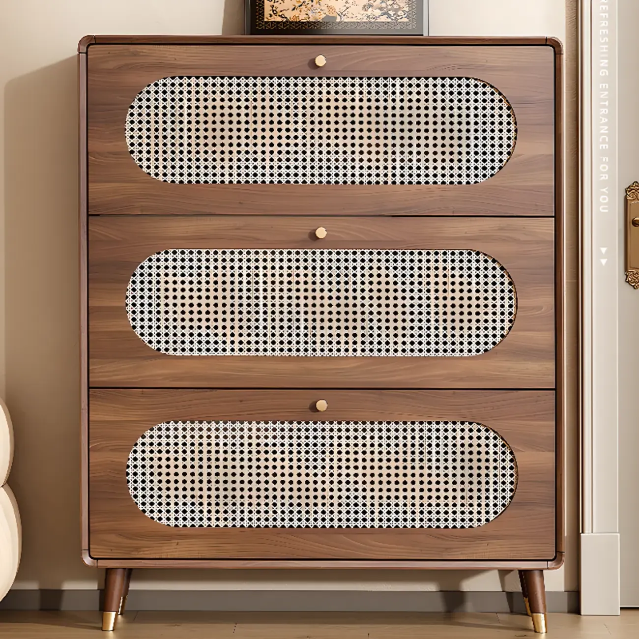 Bohemian Slim Brown Drop-Front Wood Shoe Cabinet Image - 4