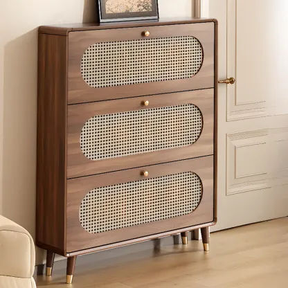 Bohemian Slim Brown Drop-Front Wood Shoe Cabinet Image - 7