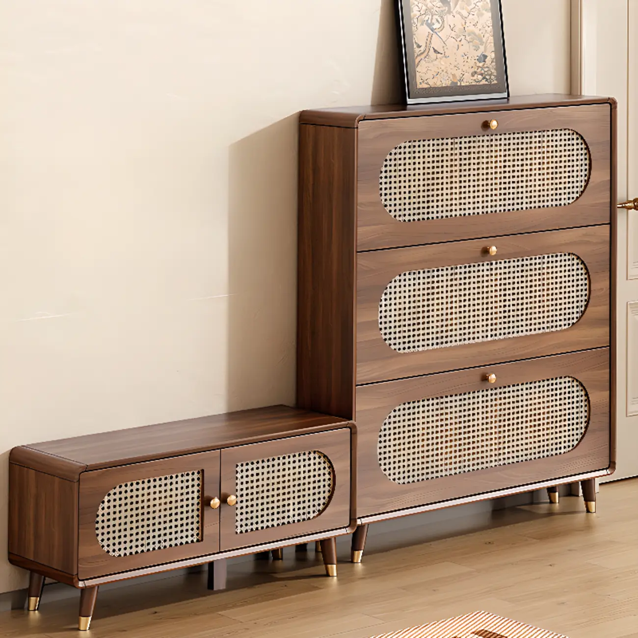 Bohemian Slim Brown Drop-Front Wood Shoe Cabinet Image - 9 | homeyfad