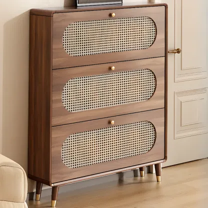 Bohemian Slim Brown Drop-Front Wood Shoe Cabinet Image - 12