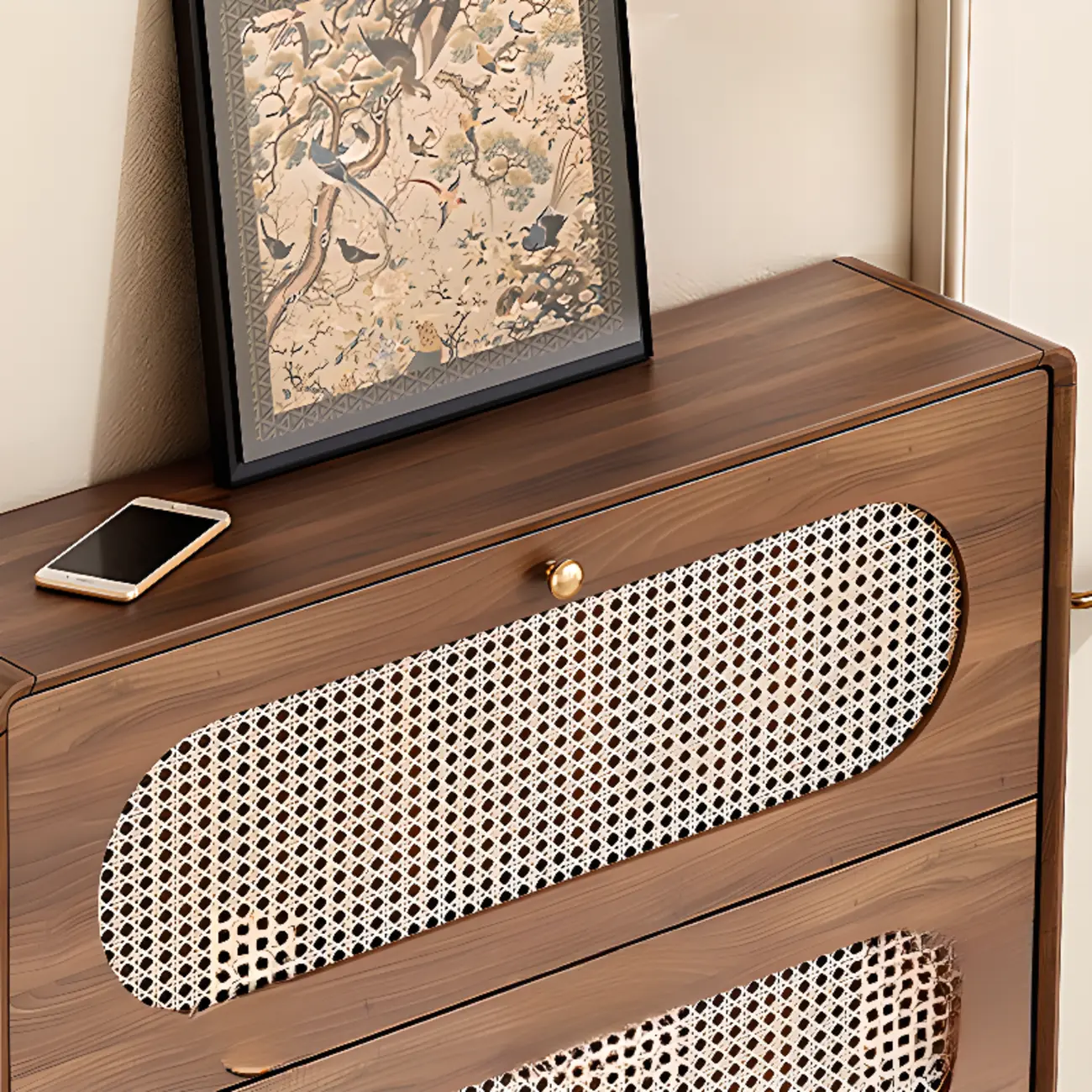 Bohemian Slim Brown Drop-Front Wood Shoe Cabinet Image - 19 | homeyfad
