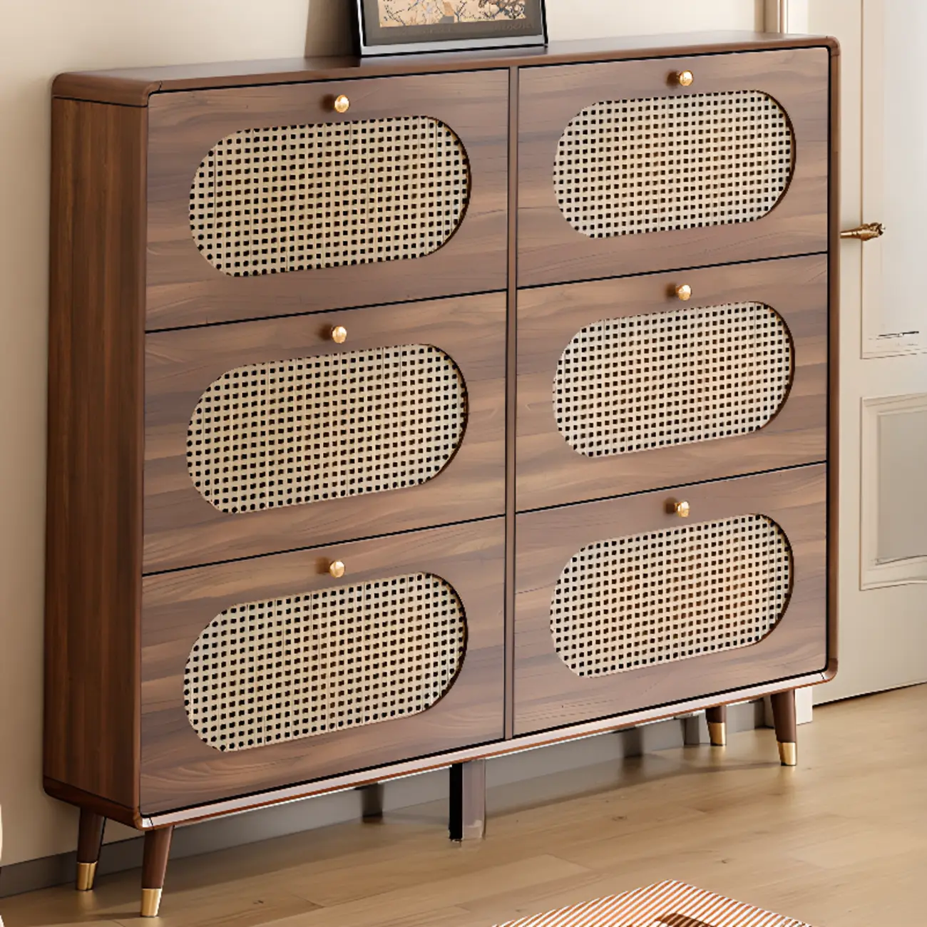 Bohemian Slim Brown Drop-Front Wood Shoe Cabinet Image - 8 | homeyfad