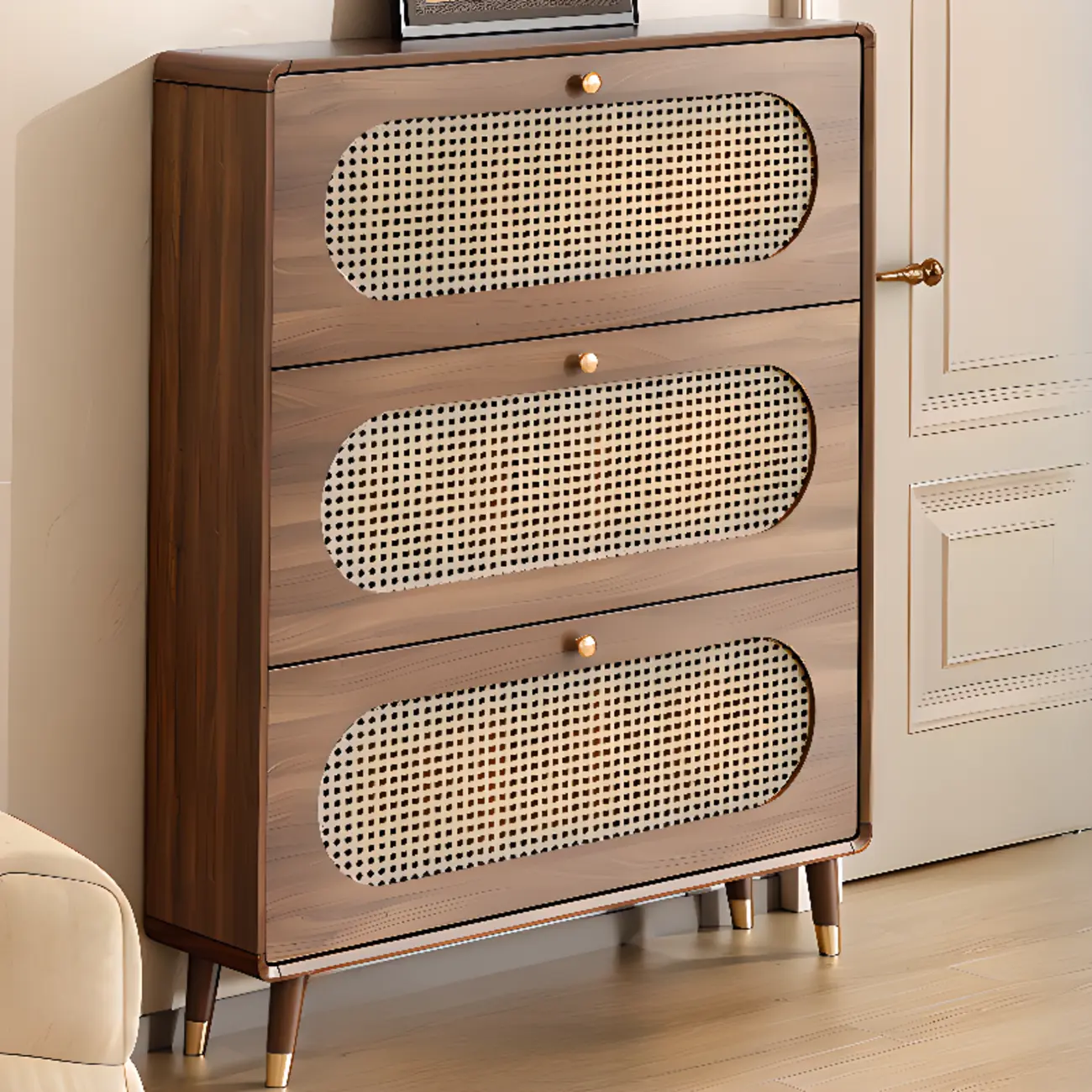 Bohemian Slim Brown Drop-Front Wood Shoe Cabinet Image - 24 | homeyfad