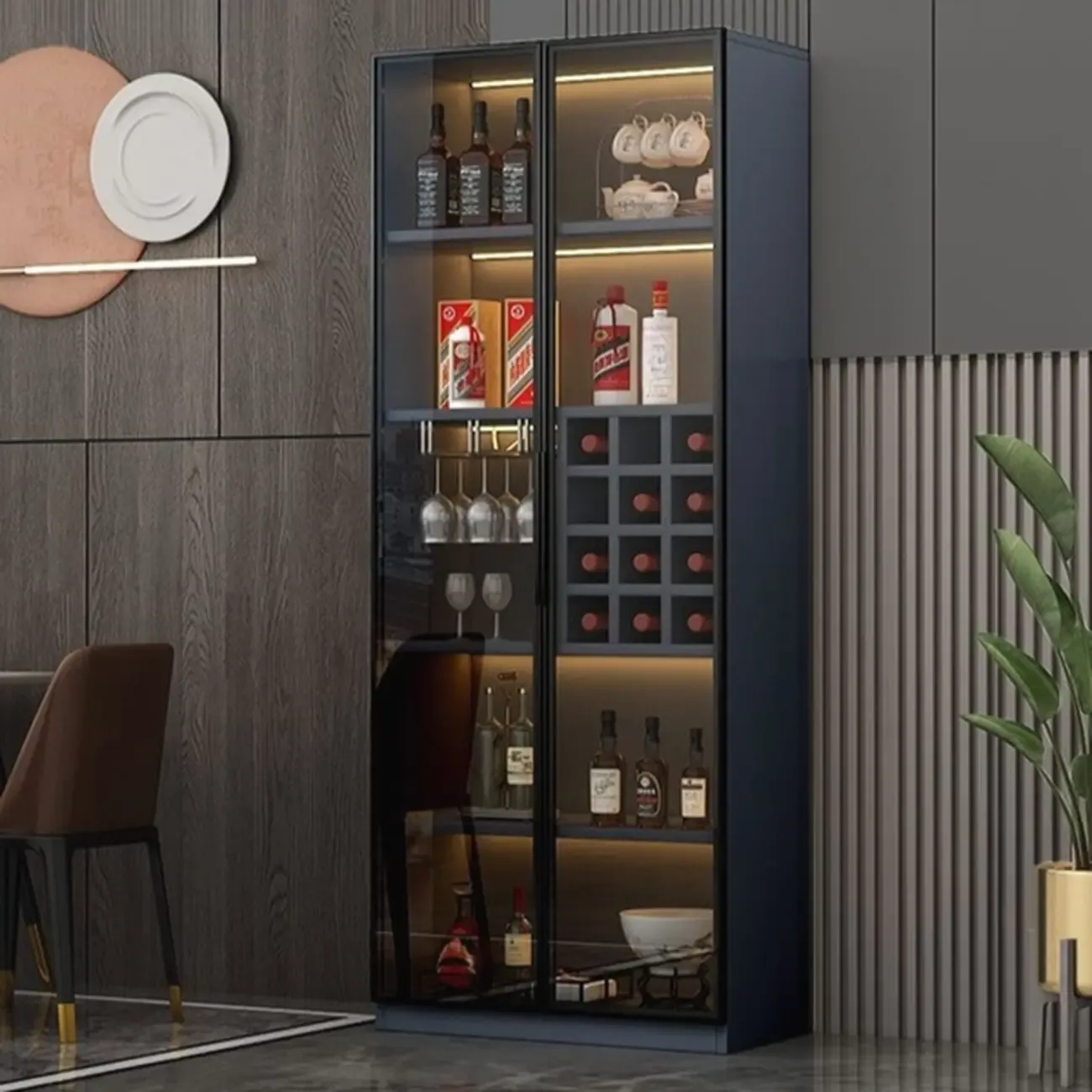 Stylish Black Glass Door Wooden Floor Wine Cabinet Image - 1
