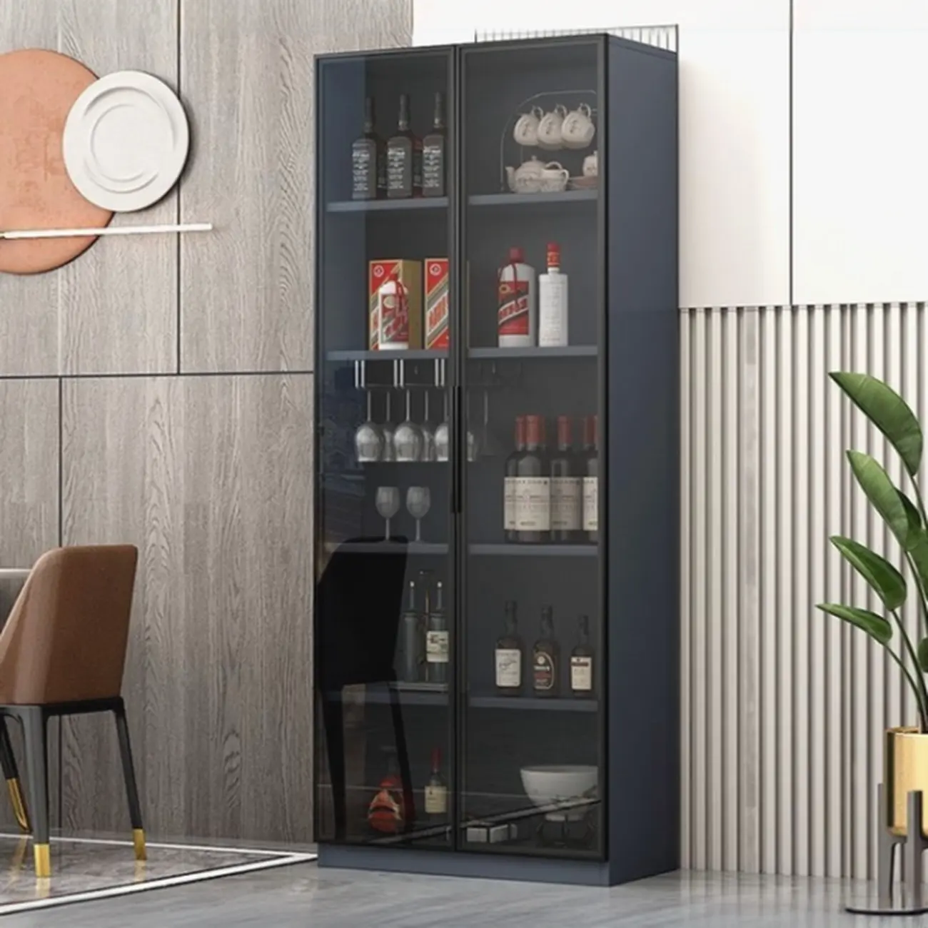 Stylish Black Glass Door Wooden Floor Wine Cabinet Image - 3 | homeyfad