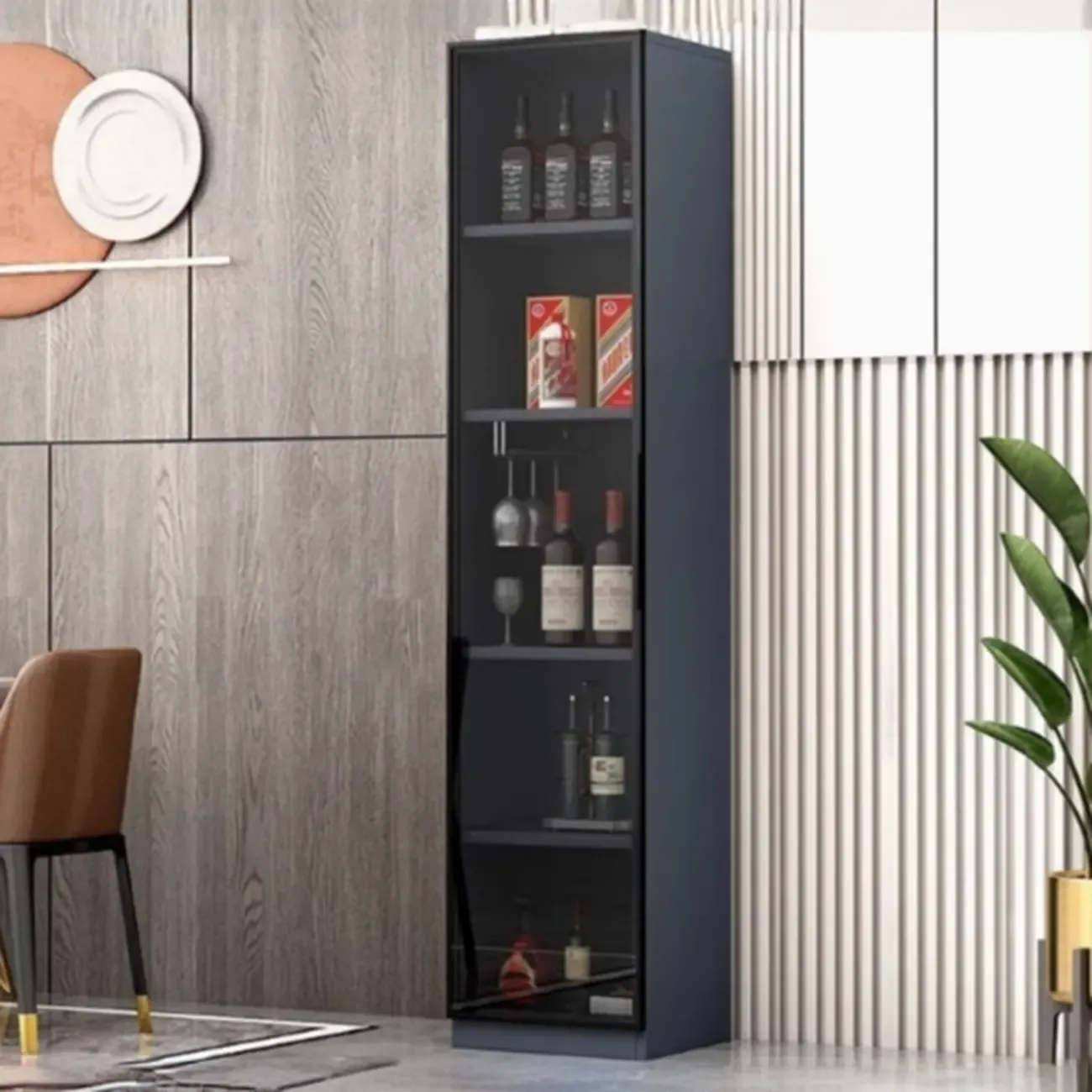 Stylish Black Glass Door Wooden Floor Wine Cabinet Image - 2