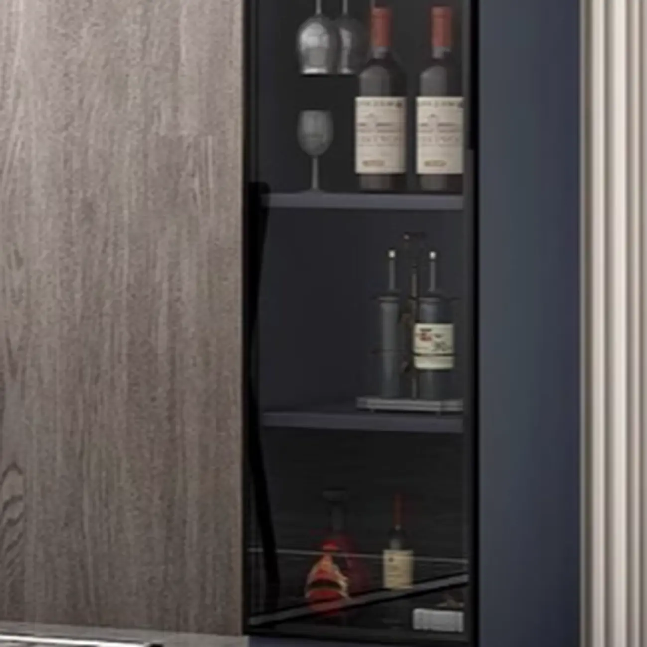 Stylish Black Glass Door Wooden Floor Wine Cabinet Image - 5 | homeyfad