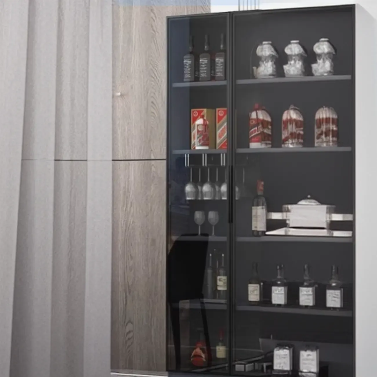 Stylish Black Glass Door Wooden Floor Wine Cabinet Image - 6