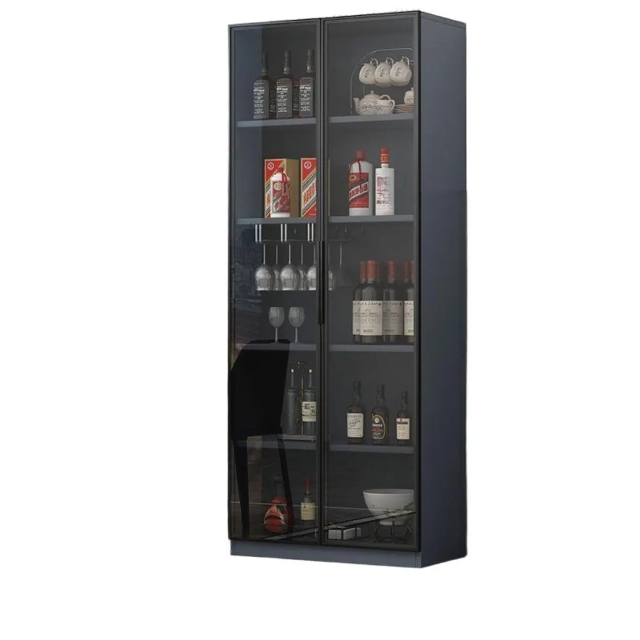 Stylish Black Glass Door Wooden Floor Wine Cabinet Image - 7 | homeyfad