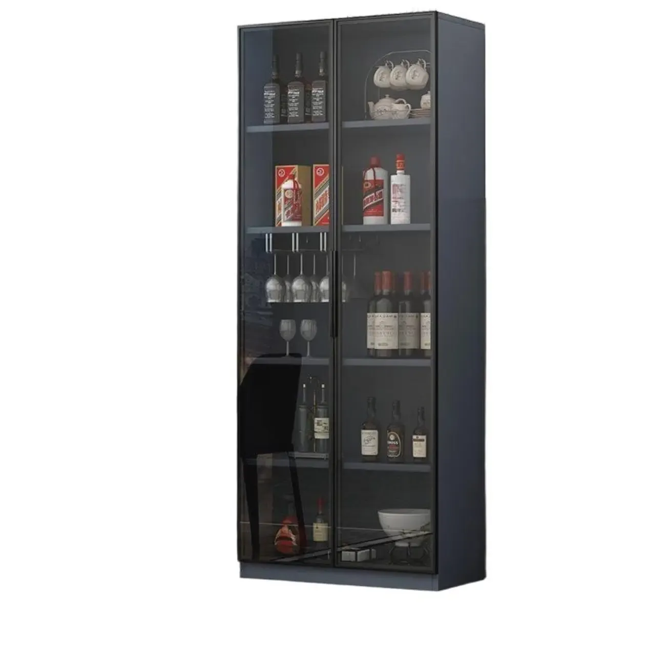 Stylish Black Glass Door Wooden Floor Wine Cabinet Image - 7