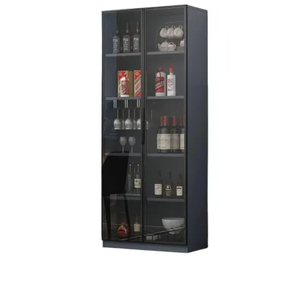 Stylish Black Glass Door Wooden Floor Wine Cabinet Image - 7