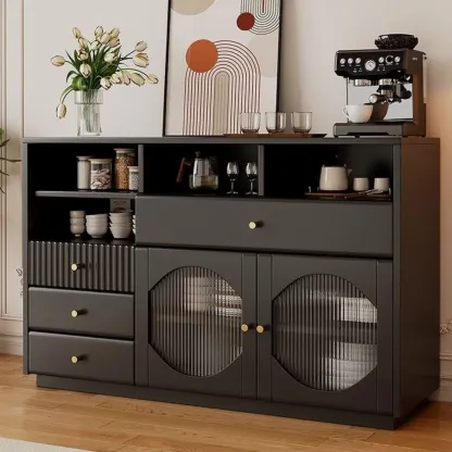 Art Deco Black Wood 4 Drawers Sideboard with Glass Doors Image - 1