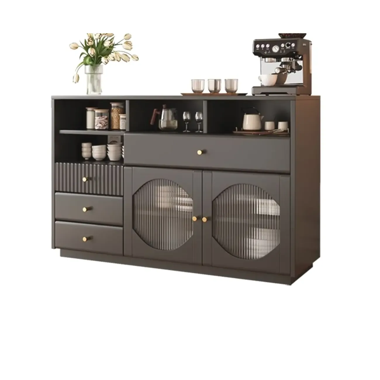 Art Deco Black Wood 4 Drawers Sideboard with Glass Doors Image - 7