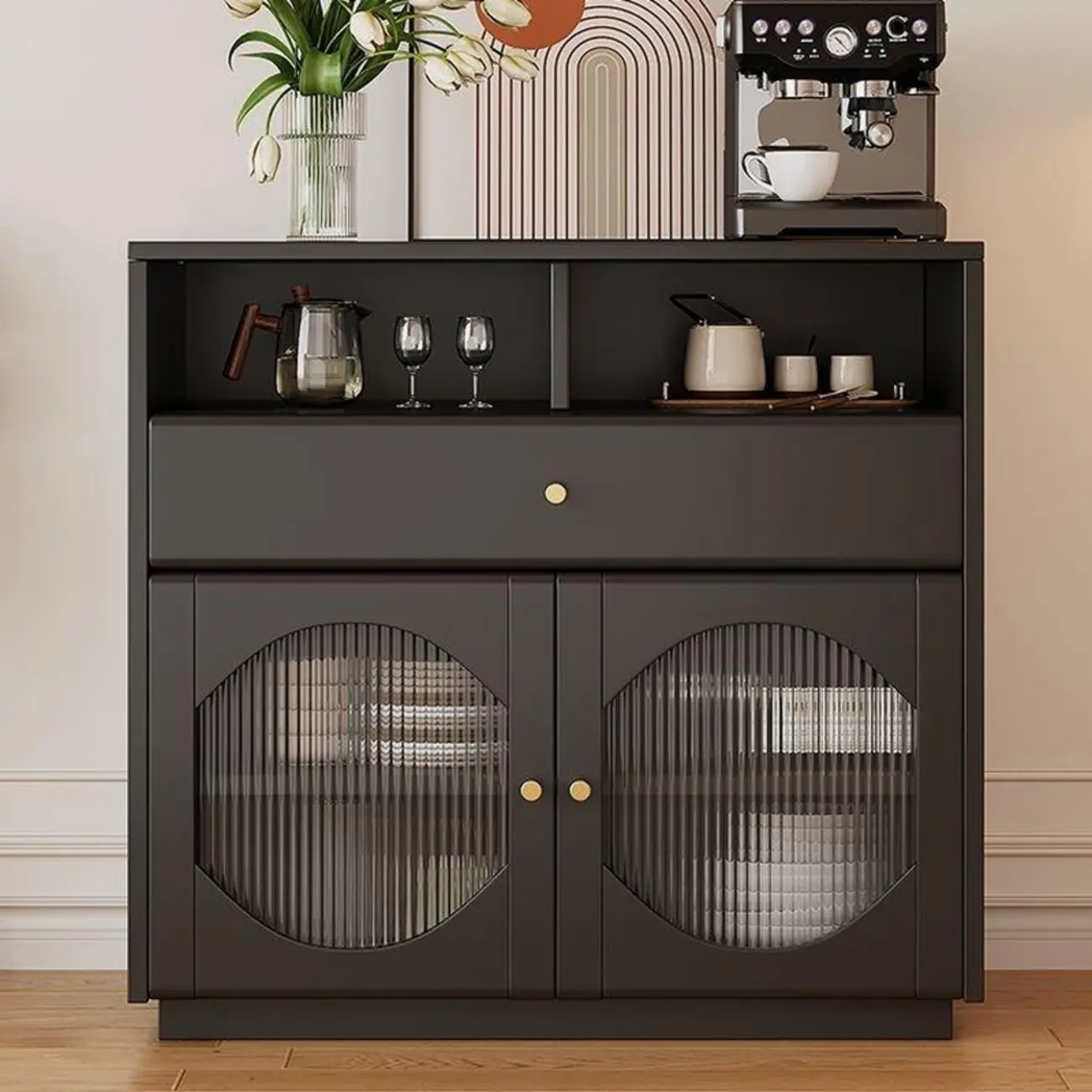 Art Deco Black Wood 4 Drawers Sideboard with Glass Doors Image - 3 | homeyfad