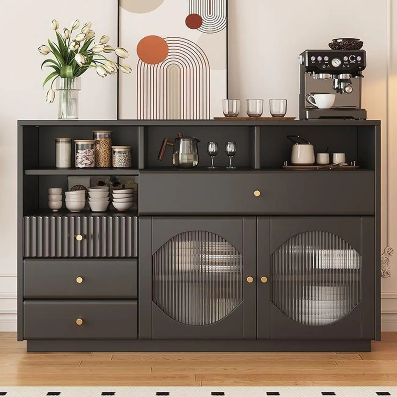 Art Deco Black Wood 4 Drawers Sideboard with Glass Doors Image - 4 | homeyfad