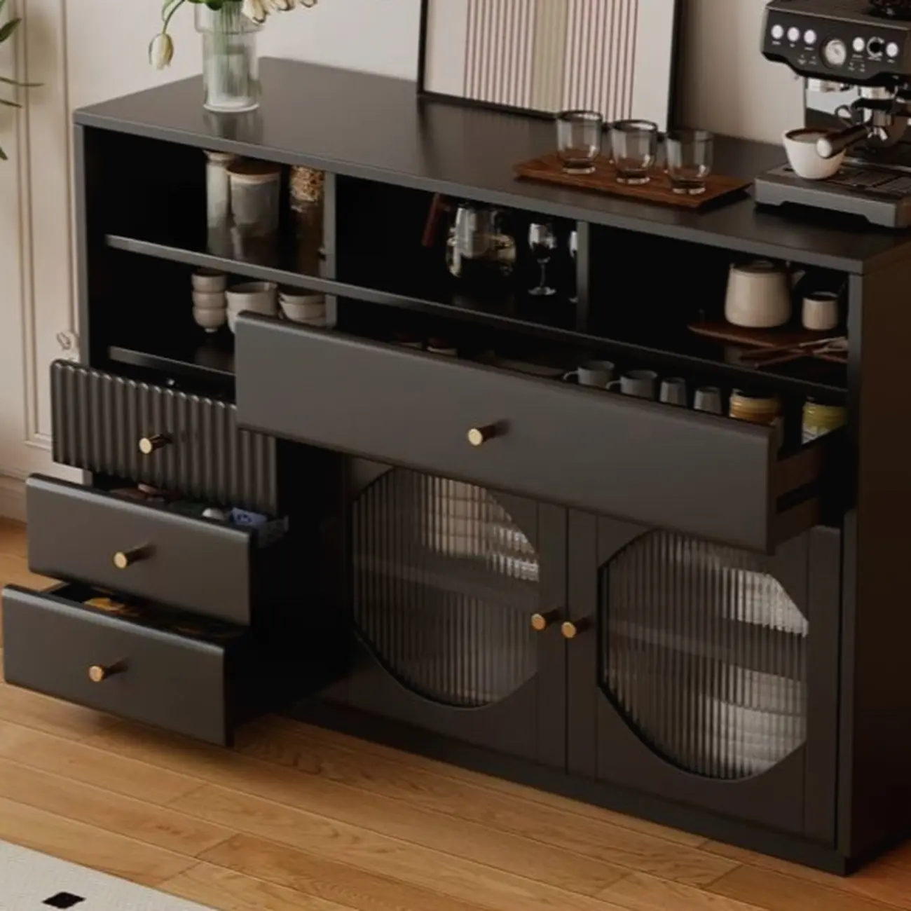 Art Deco Black Wood 4 Drawers Sideboard with Glass Doors Image - 9 | homeyfad