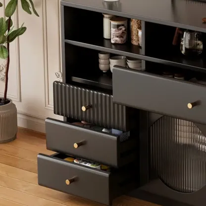 Art Deco Black Wood 4 Drawers Sideboard with Glass Doors Image - 11