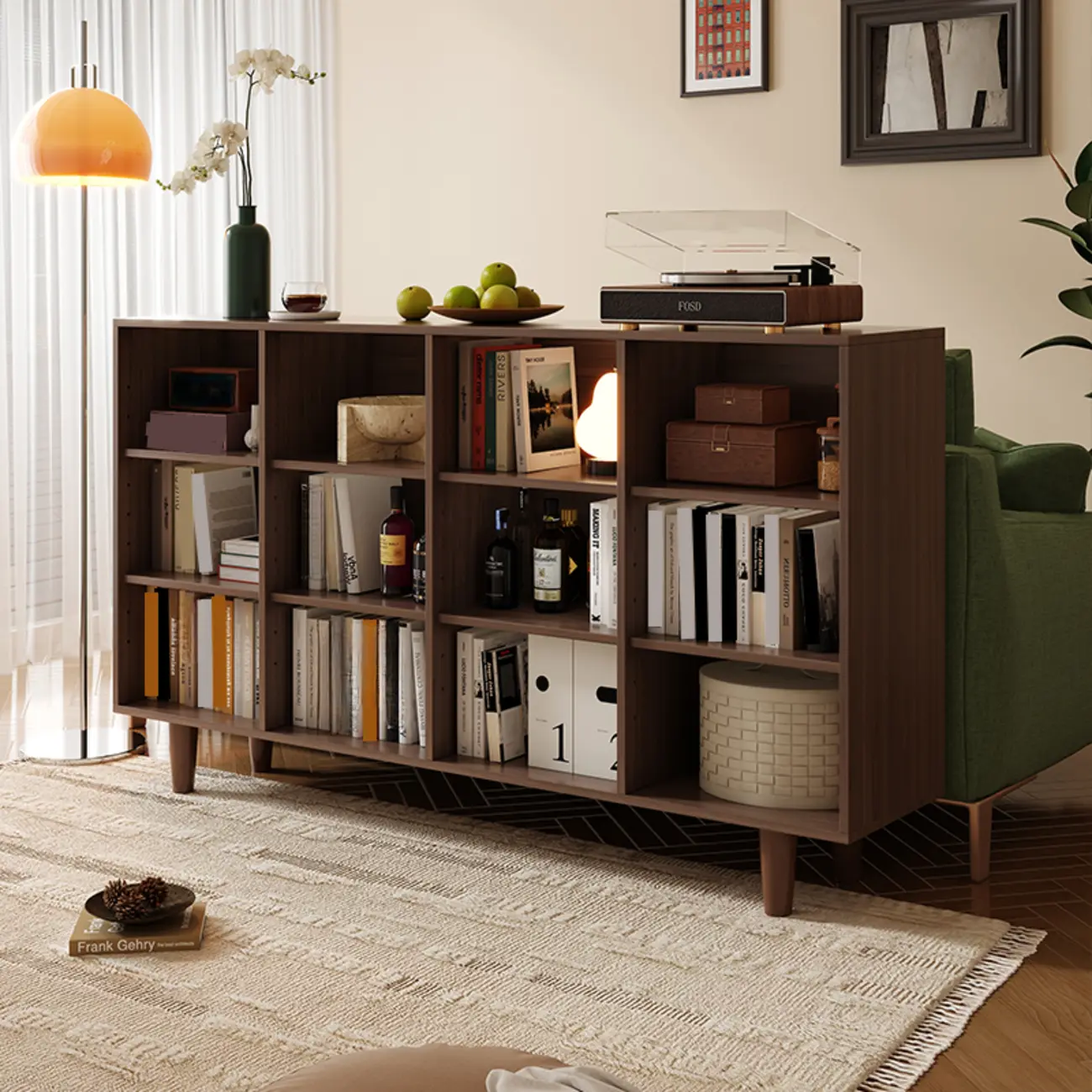 Wide 7-Shelf Modern Wooden Nut-Brown Open Bookcase Image - 1 | homeyfad