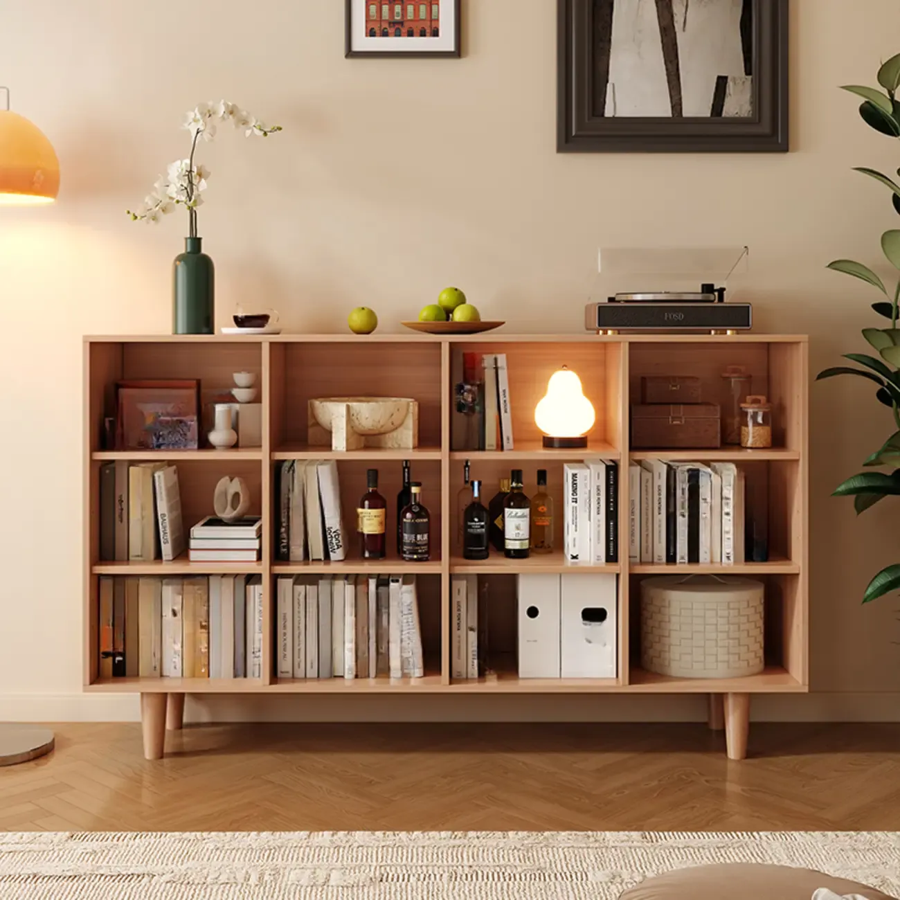 Wide 7-Shelf Modern Wooden Nut-Brown Open Bookcase Image - 3