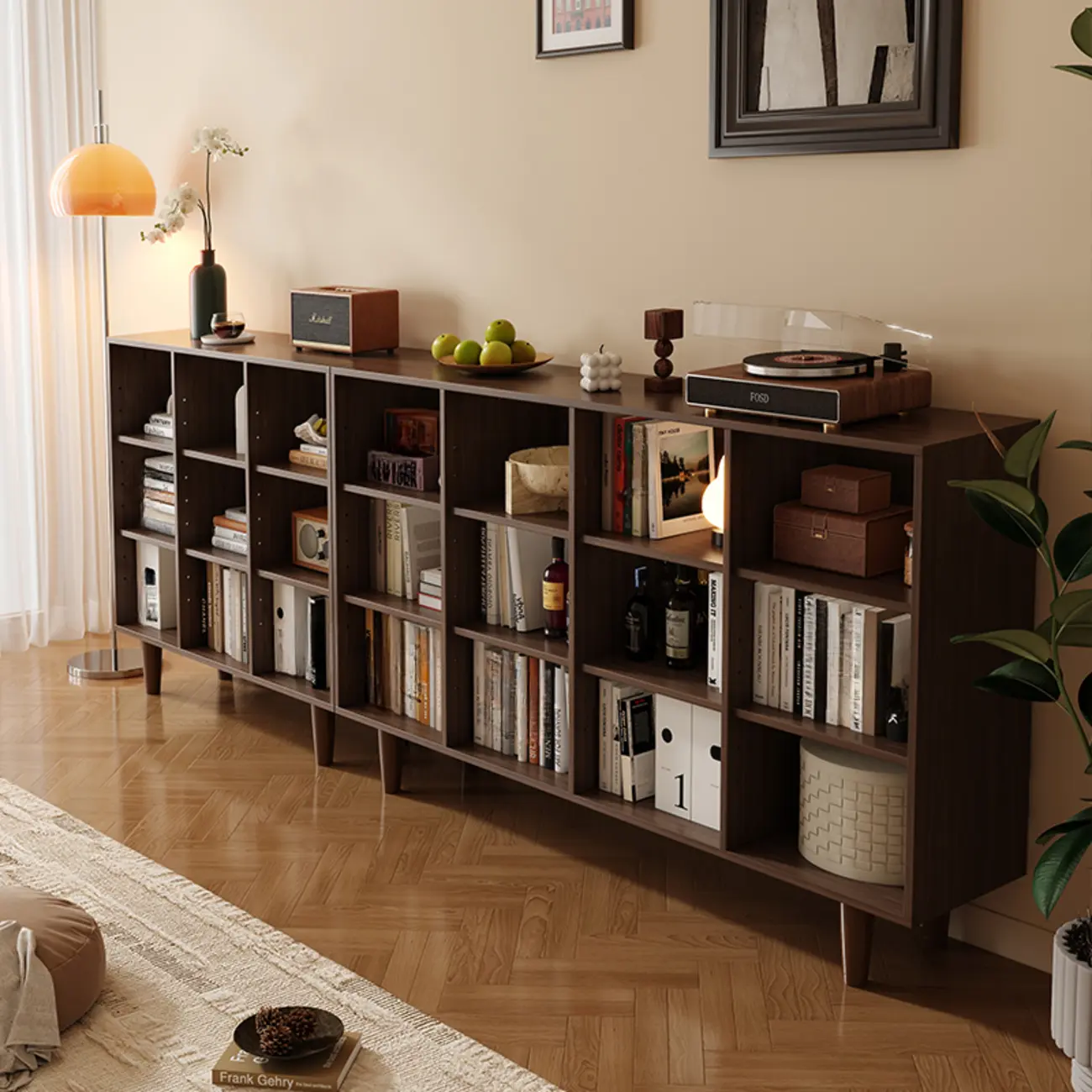Wide 7-Shelf Modern Wooden Nut-Brown Open Bookcase Image - 6 | homeyfad