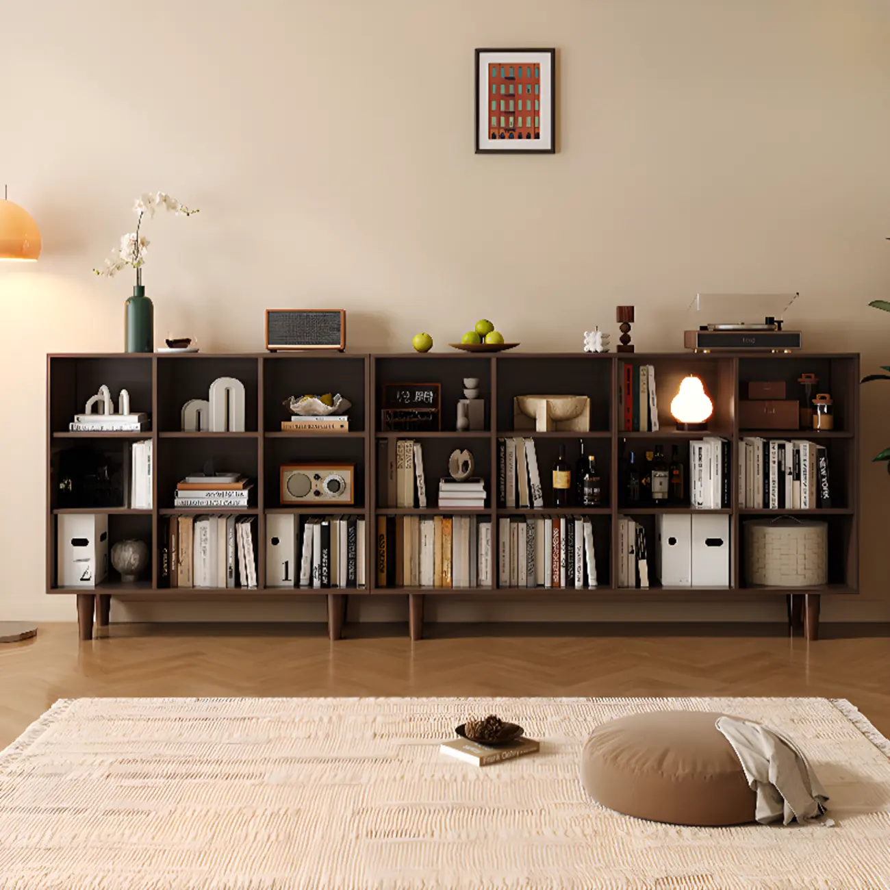 Wide 7-Shelf Modern Wooden Nut-Brown Open Bookcase Image - 7 | homeyfad