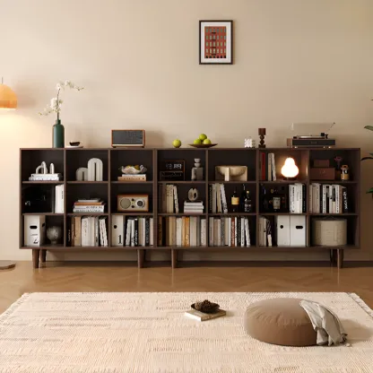 Wide 7-Shelf Modern Wooden Nut-Brown Open Bookcase Image - 7