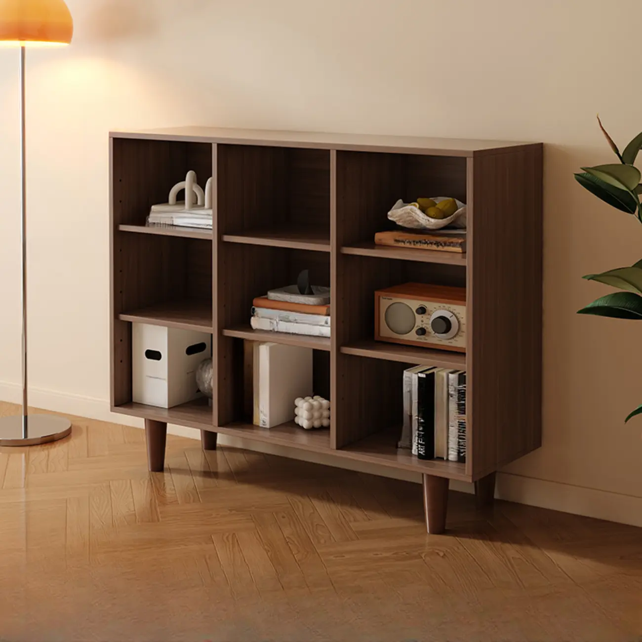 Wide 7-Shelf Modern Wooden Nut-Brown Open Bookcase Image - 8 | homeyfad