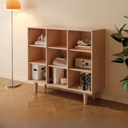 Wide 7-Shelf Modern Wooden Nut-Brown Open Bookcase Image - 15