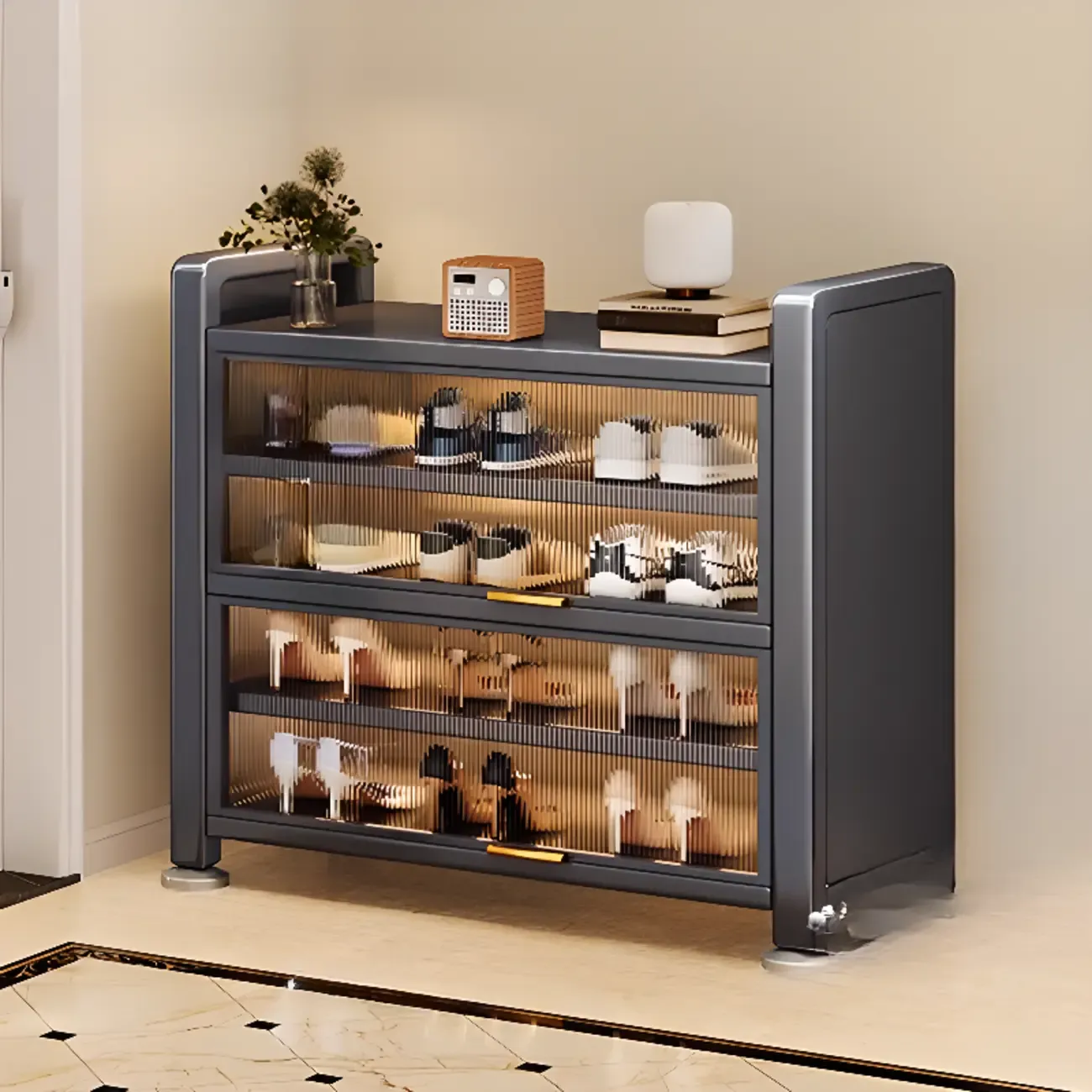 Adjustable Flip-up Door Gun Gray Metal Storage Shoe Rack Image - 2