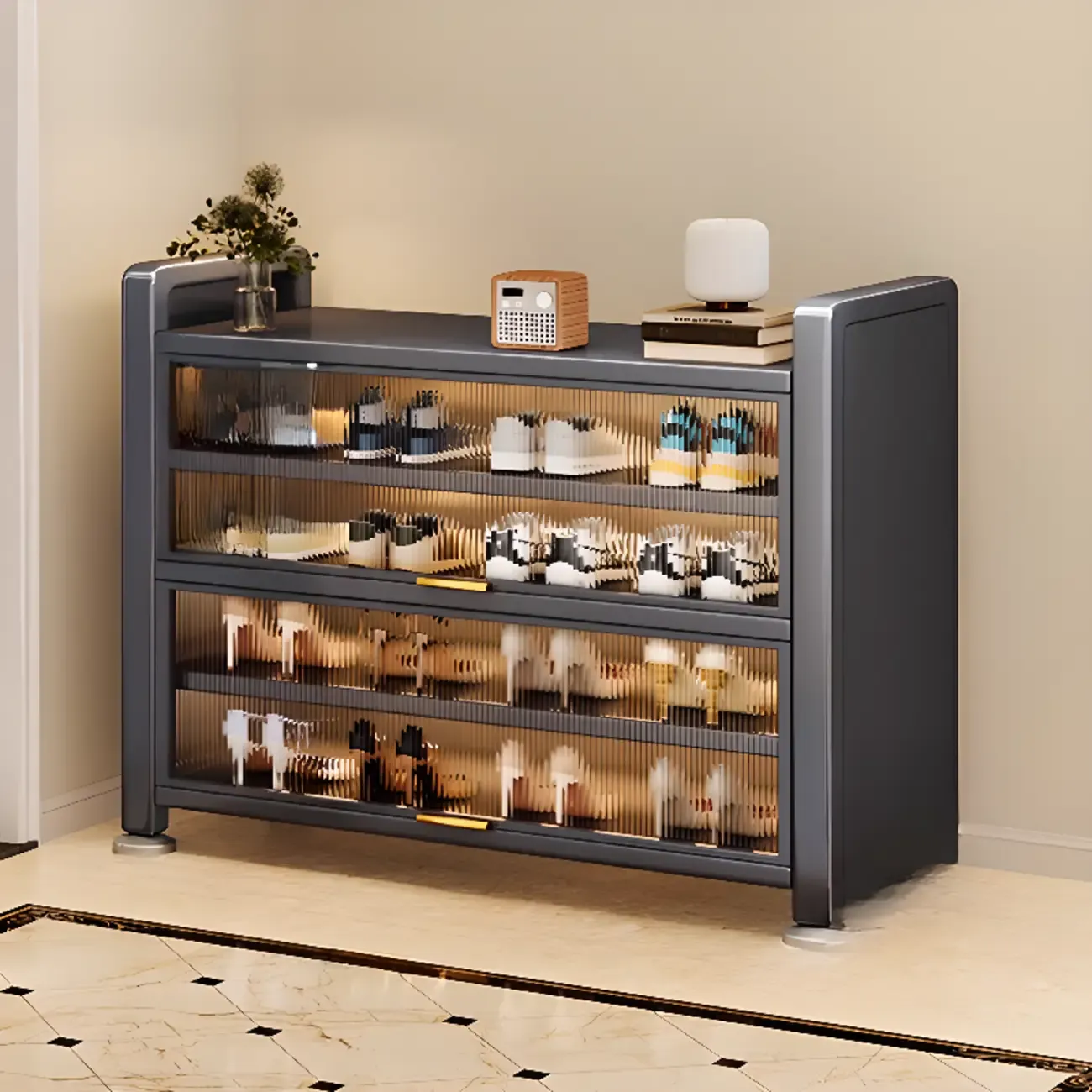 Adjustable Flip-up Door Gun Gray Metal Storage Shoe Rack Image - 3