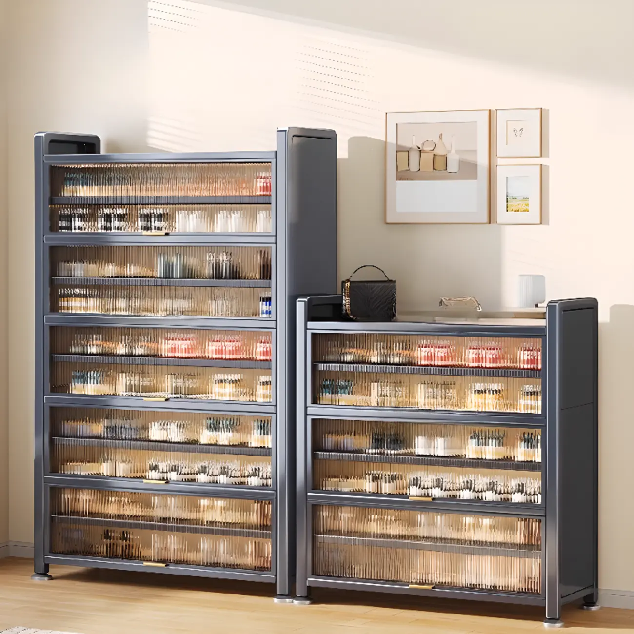 Adjustable Flip-up Door Gun Gray Metal Storage Shoe Rack Image - 5 | homeyfad