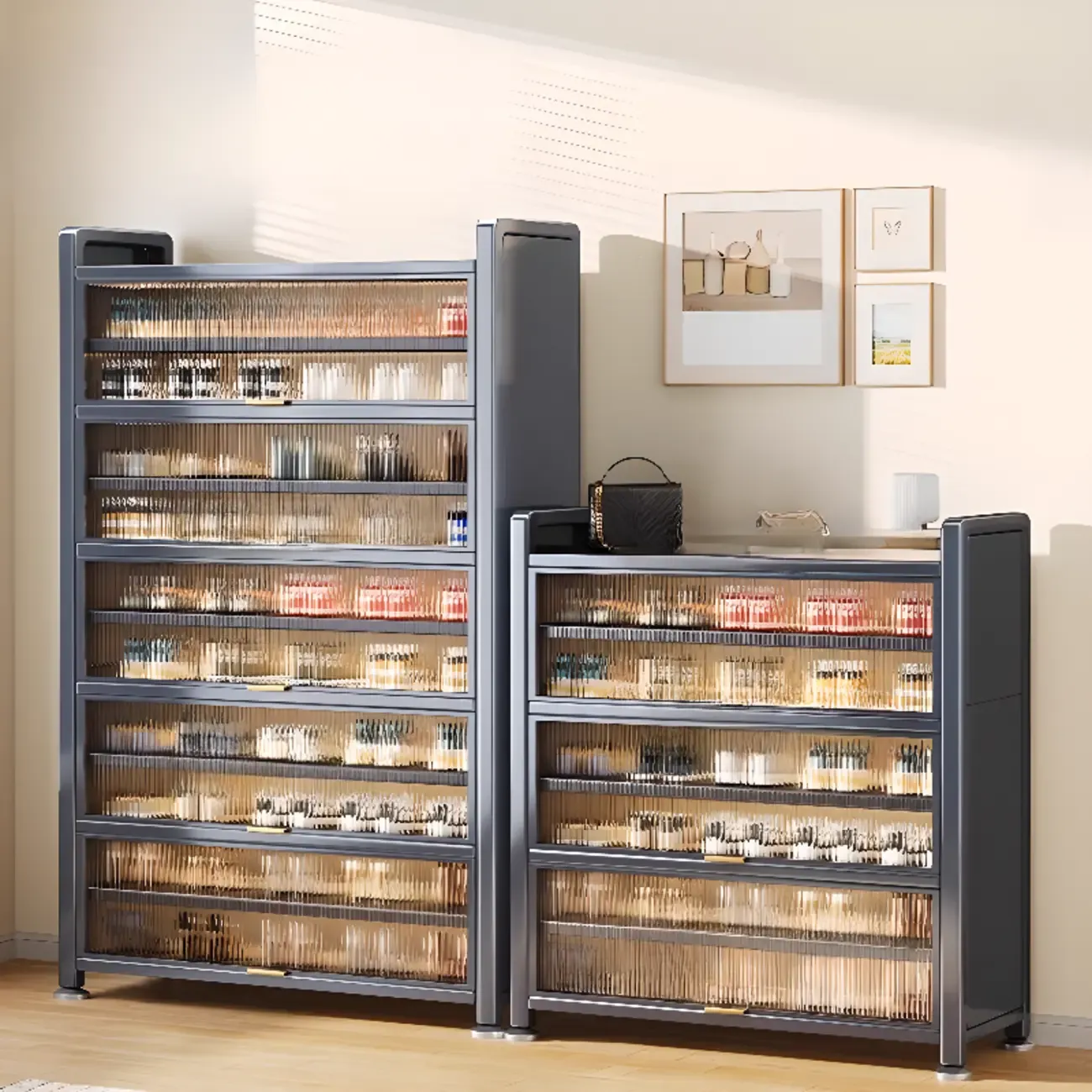 Adjustable Flip-up Door Gun Gray Metal Storage Shoe Rack Image - 5