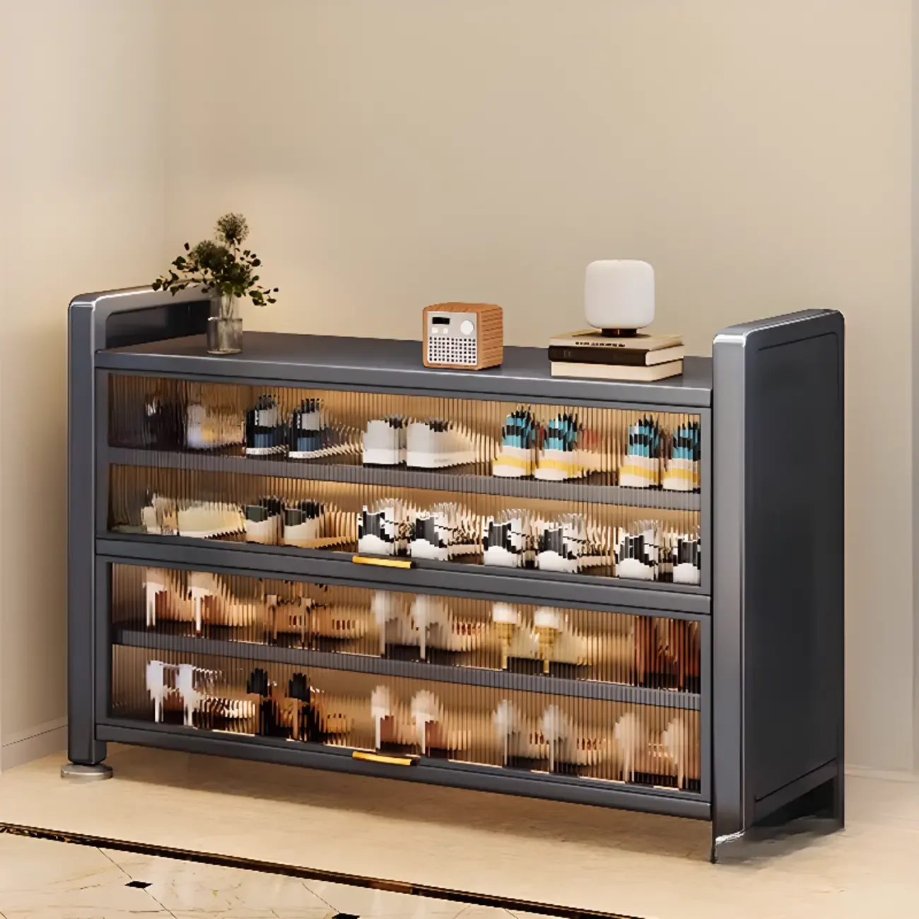 Adjustable Flip-up Door Gun Gray Metal Storage Shoe Rack Image - 4