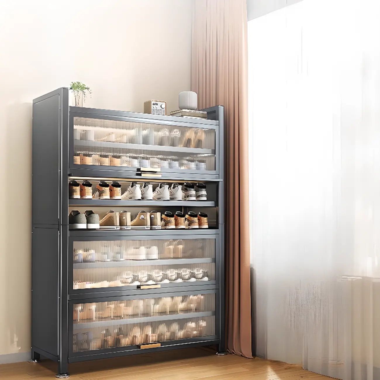 Adjustable Flip-up Door Gun Gray Metal Storage Shoe Rack Image - 6 | homeyfad